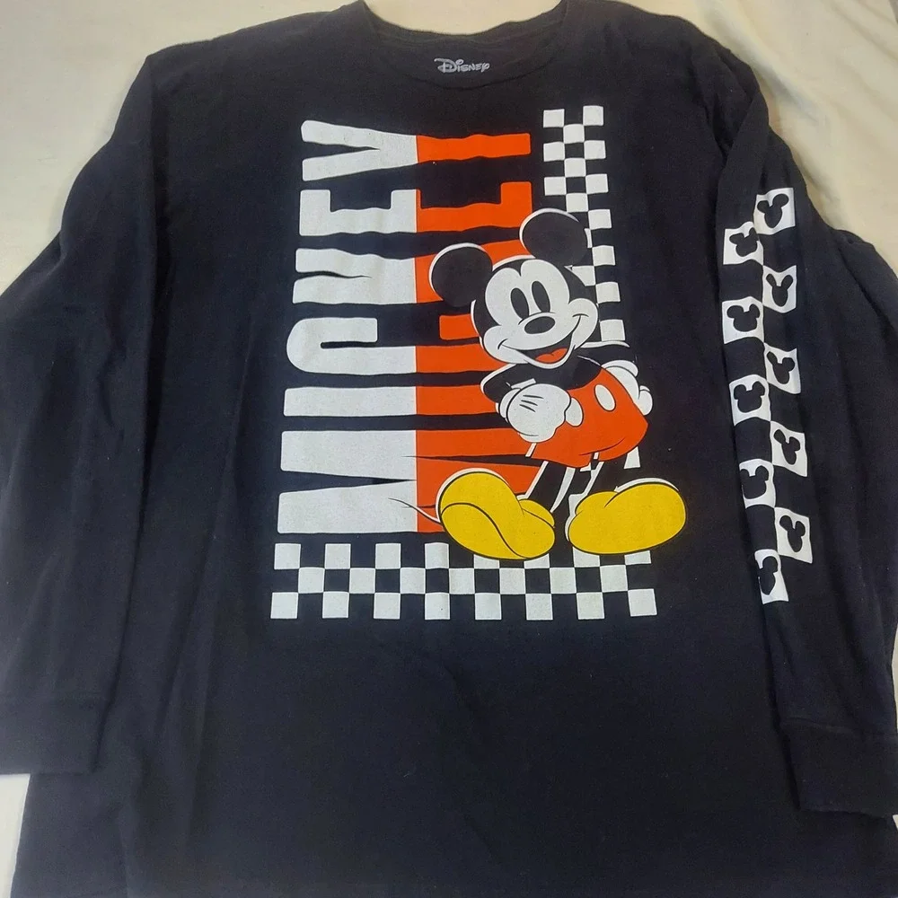 Disney Mickey Mouse Long Sleeve Graphic‎ Tee Black Mens XL Checkerboard Sleeve